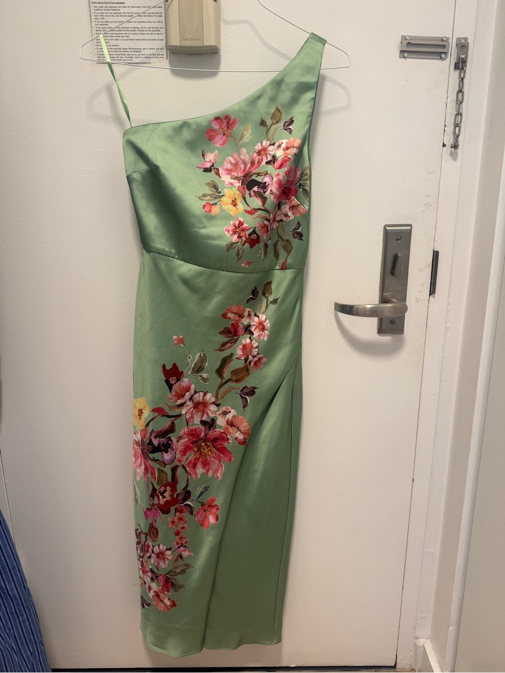 BHLDN One-Shoulder Sage Green Floral Midi Dress with Pink Floral design